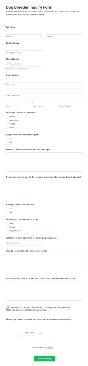 Dog Breeder Inquiry Form Template