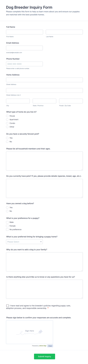 Dog Breeder Inquiry Form Template