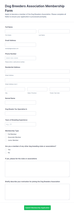 Dog Breeders Association Membership Form Template