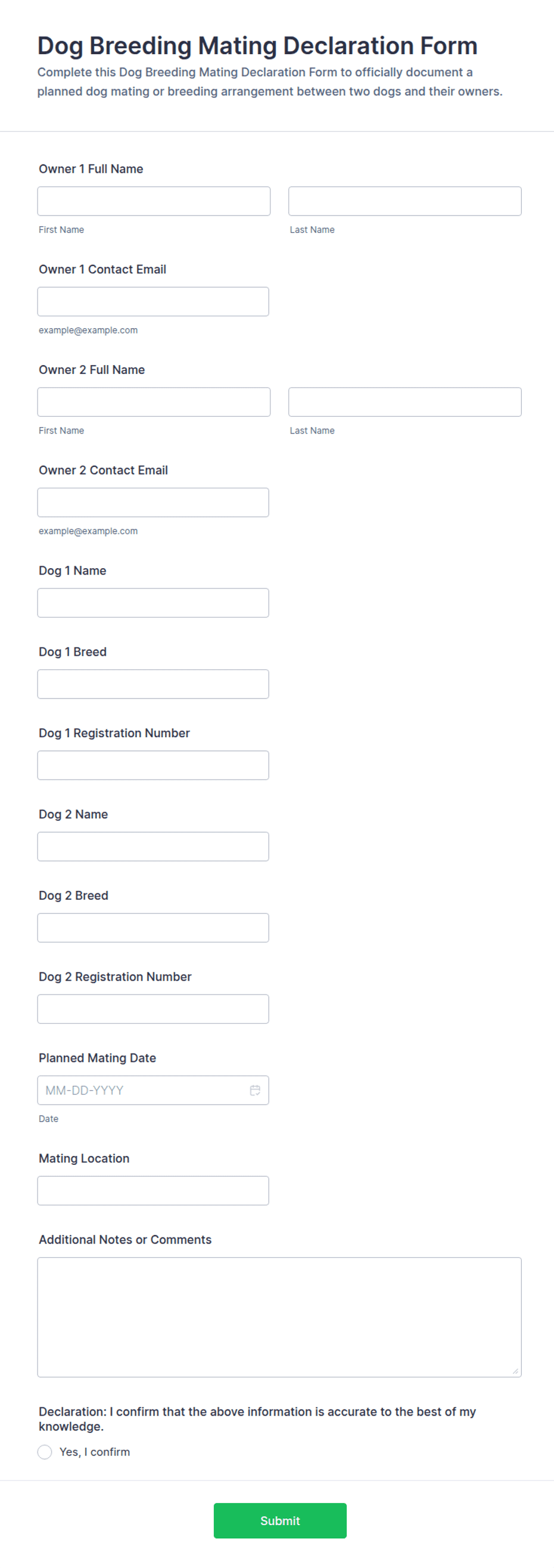 Dog Breeding Mating Declaration Form Template | Jotform