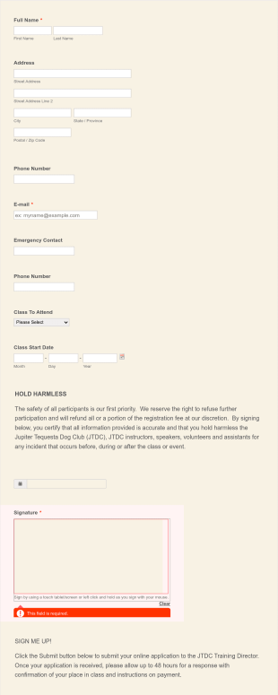Dog Class Registration Form 2 Form Template