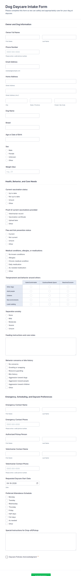 Dog Daycare Intake Form Template