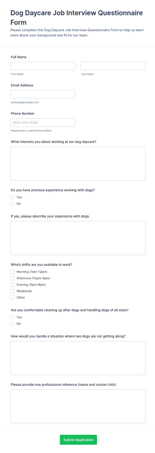 Dog Daycare Job Interview Questionnaire Form Template