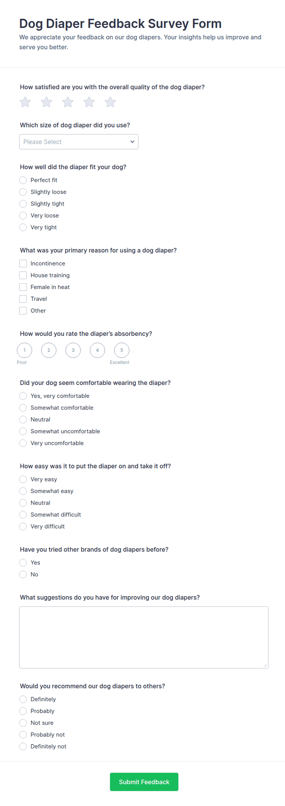 Dog Diaper Feedback Survey Form Template | Jotform