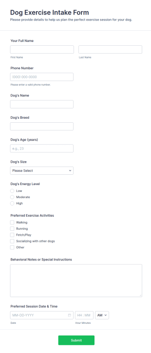 Dog Exercise Intake Form Template