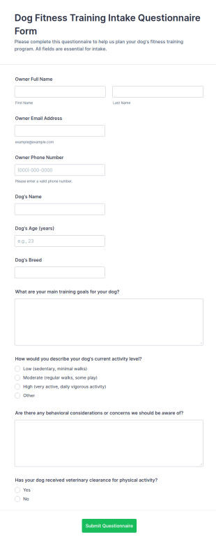 Dog Fitness Training Intake Questionnaire Form Template