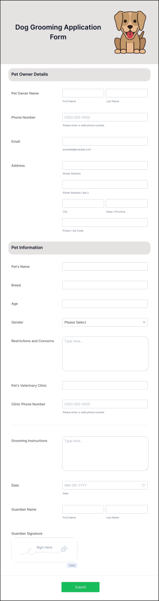 Dog Grooming Application Form Template