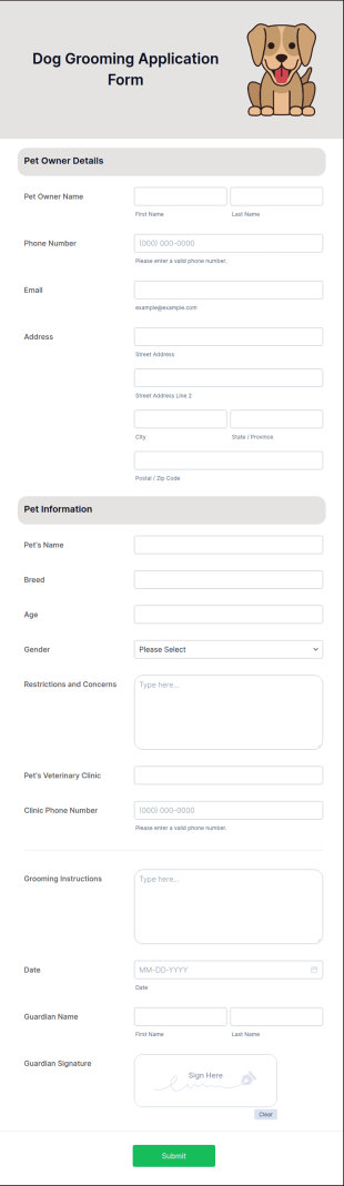 Dog Grooming Application Form Template