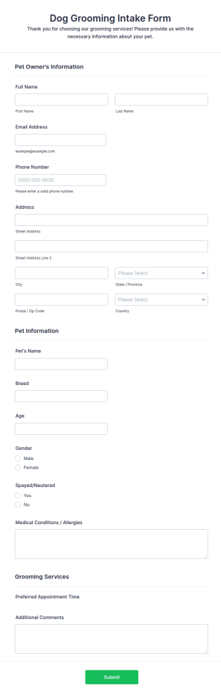 Dog Grooming Intake Form Template