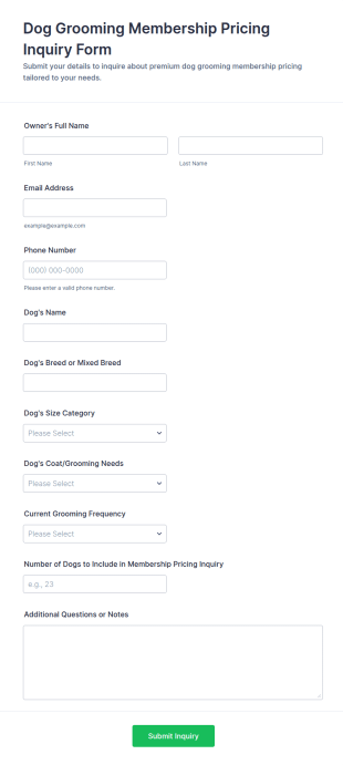 Dog Grooming Membership Pricing Inquiry Form Template