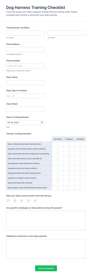 Dog Harness Training Checklist Form Template