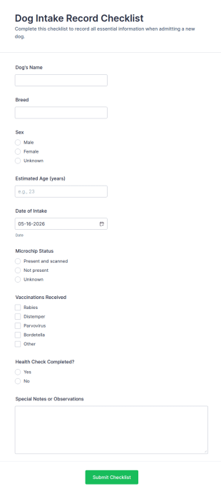 Dog Intake Record Checklist Form Template