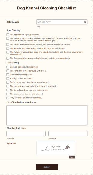 Dog Kennel Cleaning Checklist Form Template