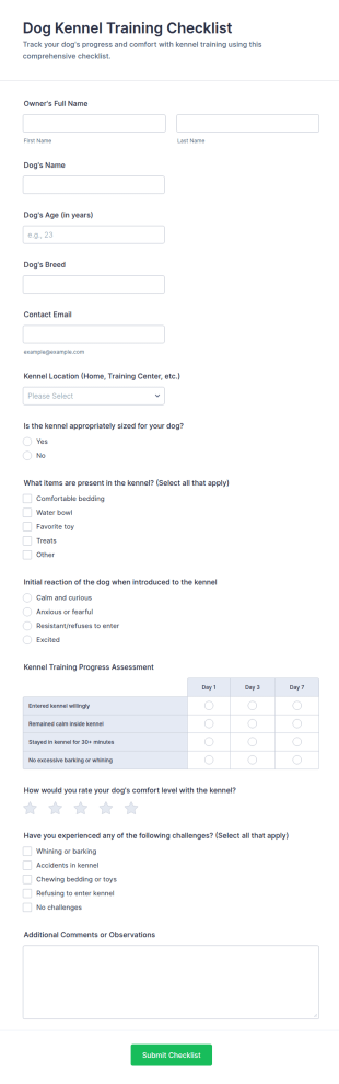 Dog Kennel Training Checklist Form Template