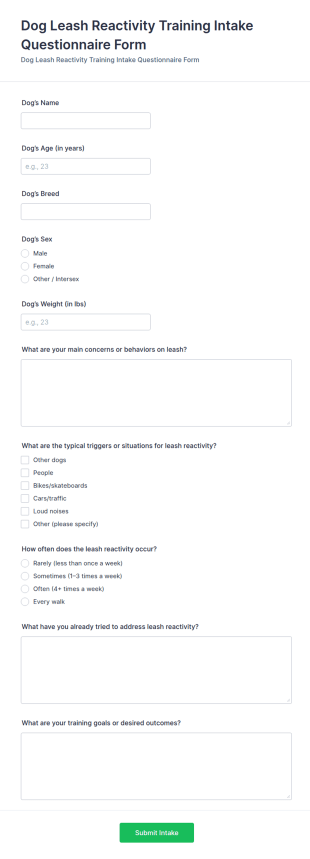 Dog Leash Reactivity Training Intake Questionnaire Form Template