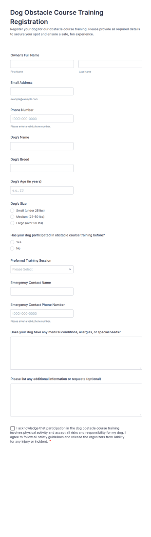 Dog Obstacle Course Training Registration Form Template
