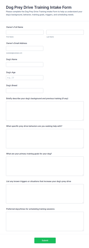 Dog Prey Drive Training Intake Form Template