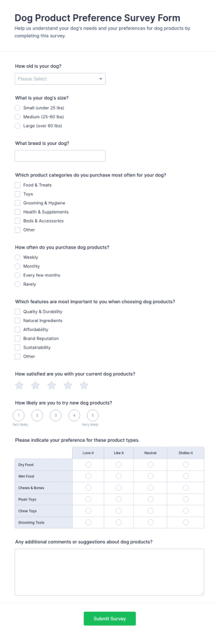Dog Product Preference Survey Form Template
