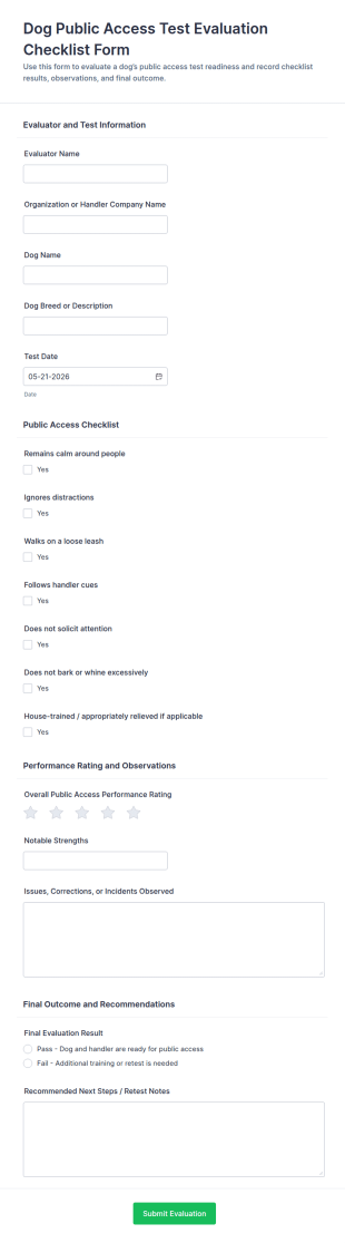 Dog Public Access Test Evaluation Checklist Form Template
