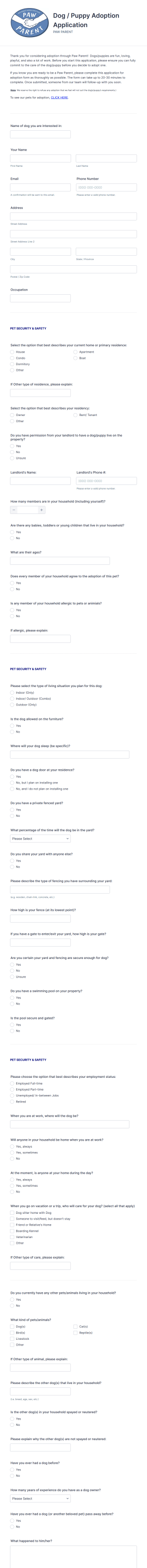 Dog / Puppy Adoption Application Form Template
