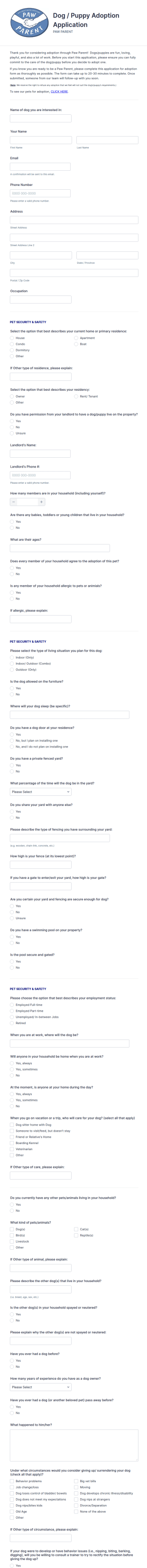 Dog / Puppy Adoption Application Form Template