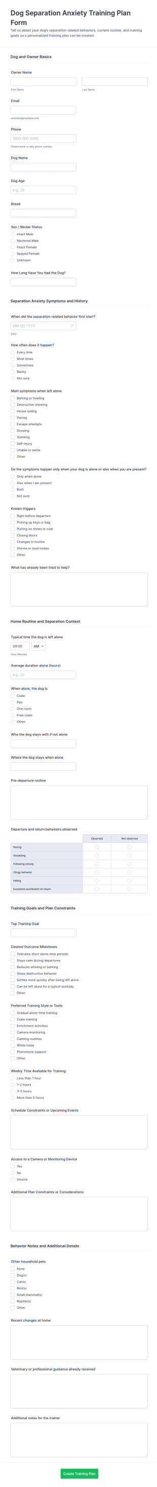 Dog Separation Anxiety Training Plan Form Template