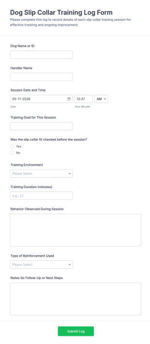 Dog Slip Collar Training Log Form Template