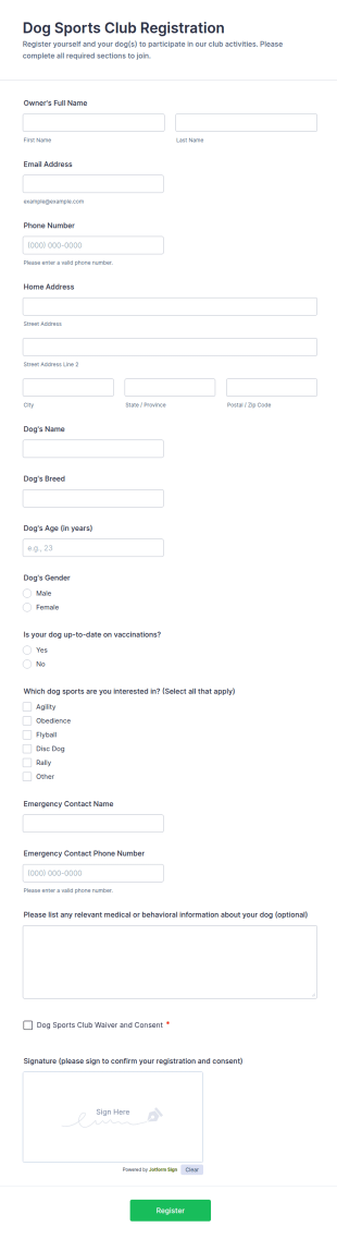 Dog Sports Club Registration Form Template