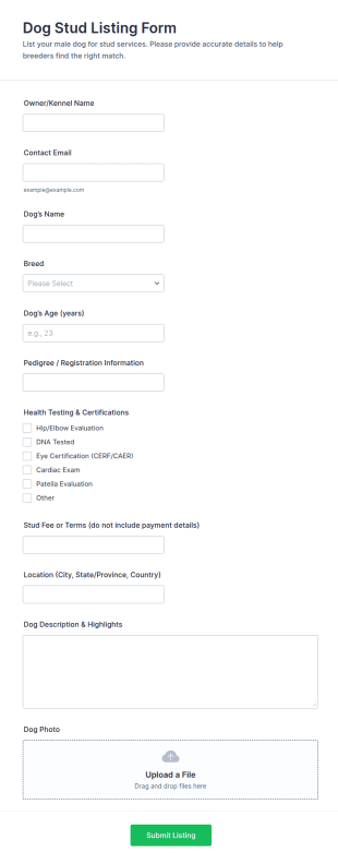 Dog Stud Listing Form Template