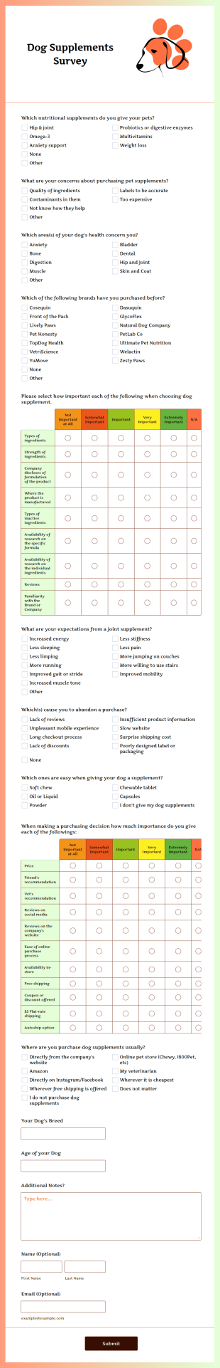 Dog Supplements Survey Form Template