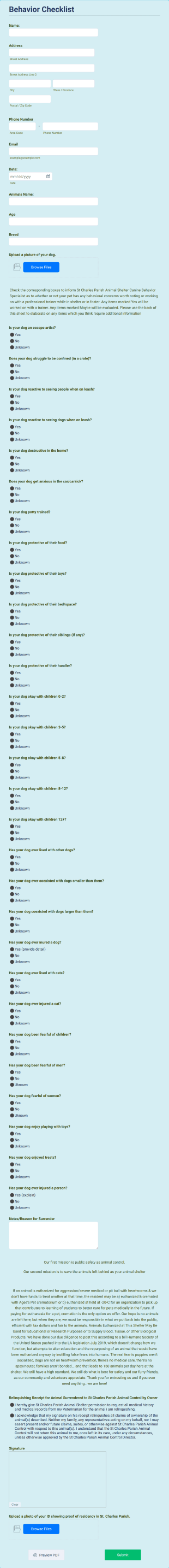 Dog Surrender Form Template