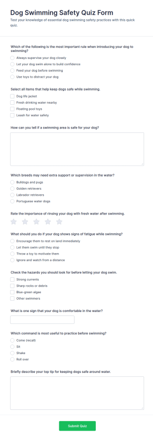 Dog Swimming Safety Quiz Form Template
