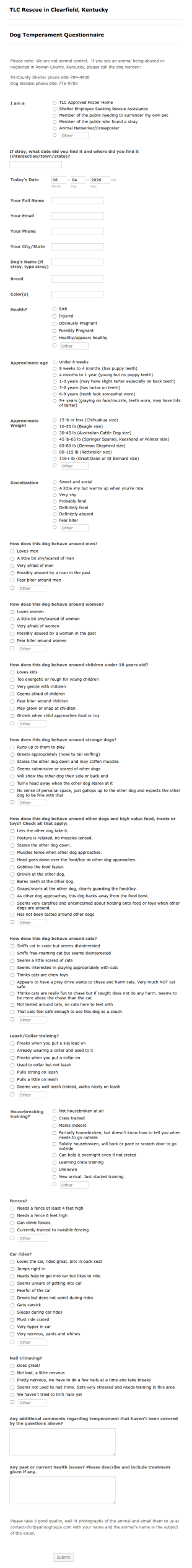 Dog Temperament Questionnaire Form Template