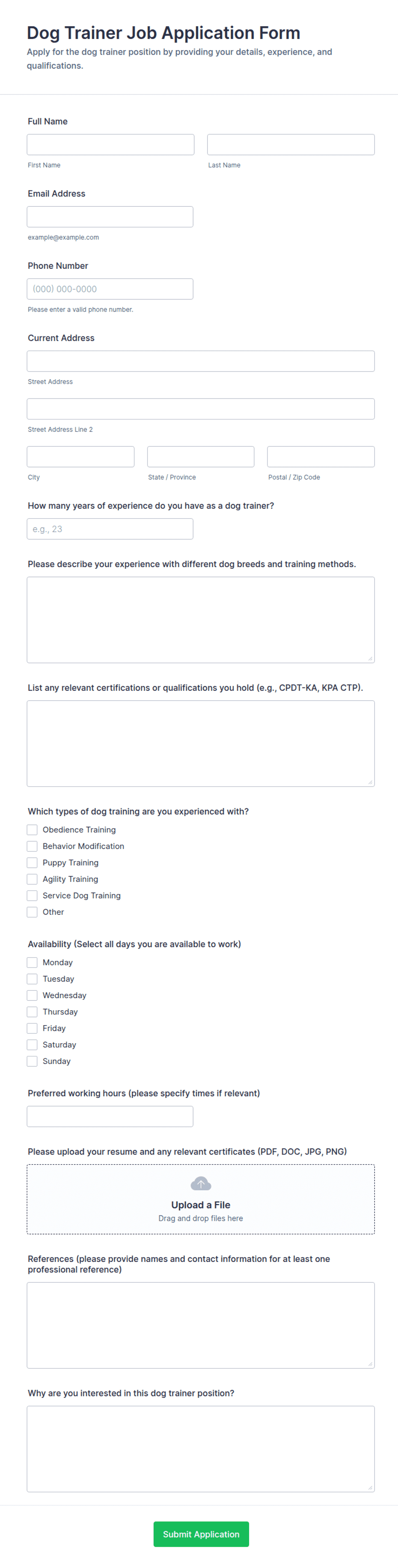 Dog Trainer Job Application Form Template | Jotform