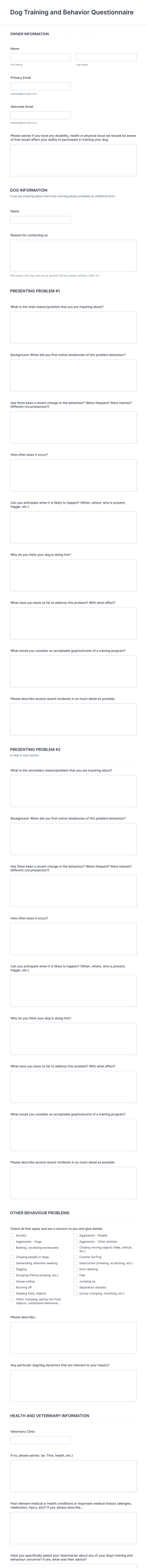 Dog Training And Behavior Questionnaire Form Template