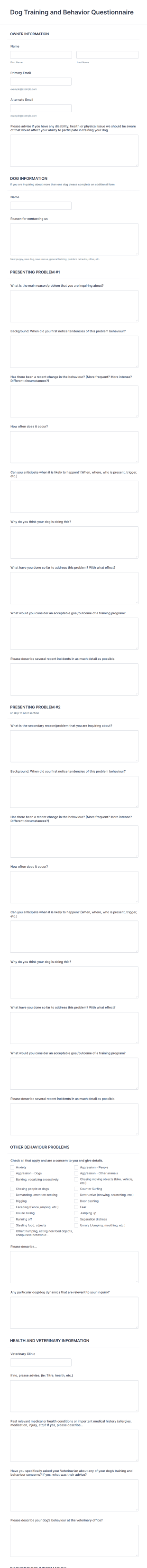 Dog Training And Behavior Questionnaire Form Template