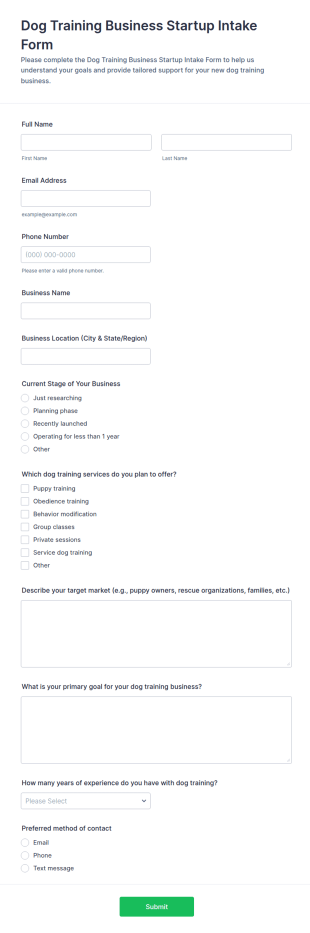 Dog Training Business Startup Intake Form Template