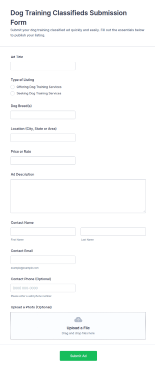 Dog Training Classifieds Submission Form Template