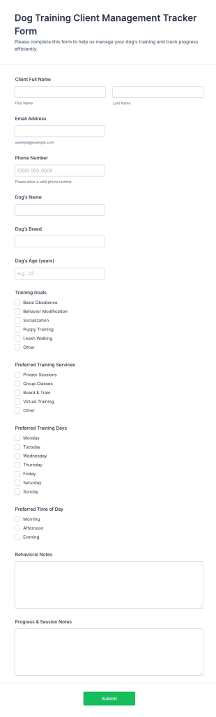 Dog Training Client Management Tracker Form Template