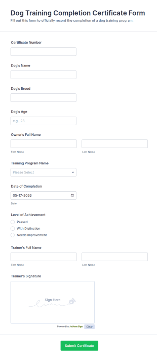 Dog Training Completion Certificate Form Template