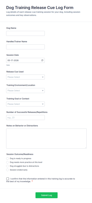 Dog Training Cue Log Form Template
