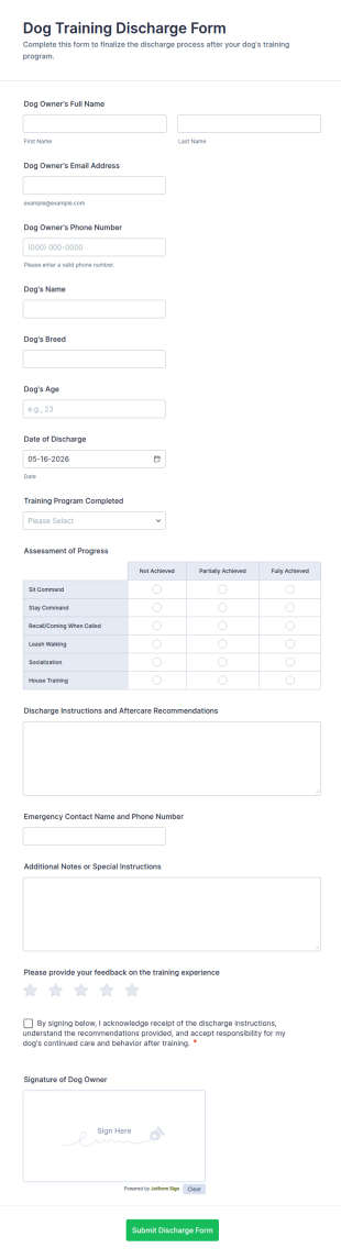 Dog Training Discharge Form Template