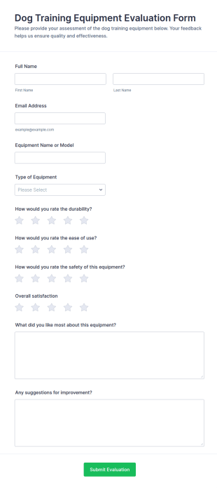 Dog Training Equipment Evaluation Form Template