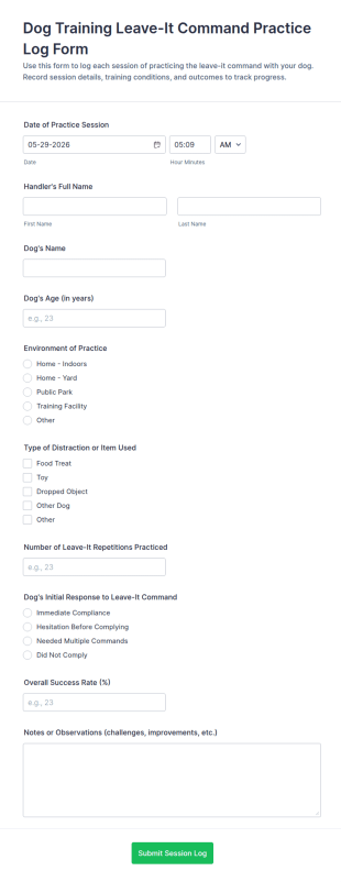 Dog Training Leave It Command Practice Log Form Template