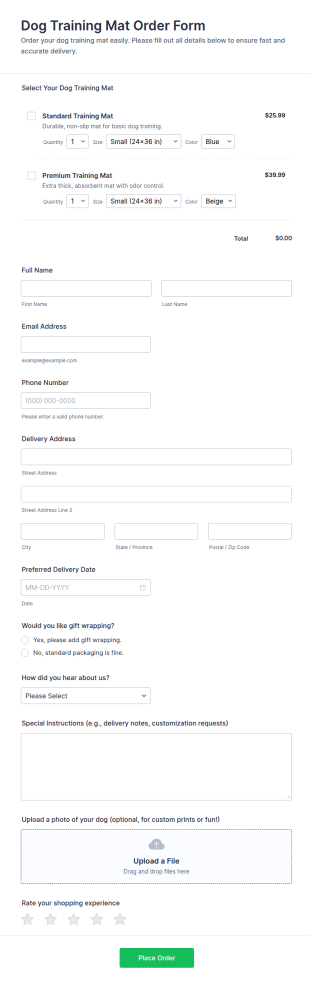 Dog Training Mat Order Form Template