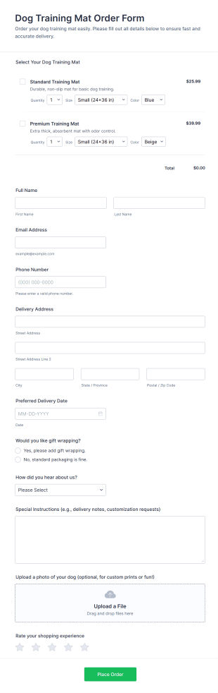 Dog Training Mat Order Form Template