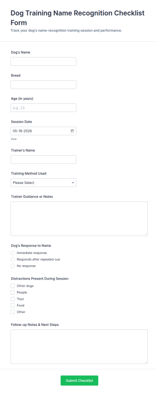 Dog Training Name Recognition Checklist Form Template