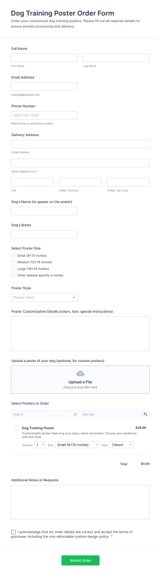 Dog Training Poster Order Form Template