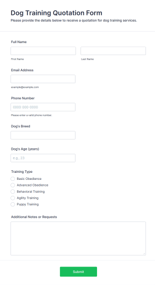 Dog Training Quotation Form Form Template