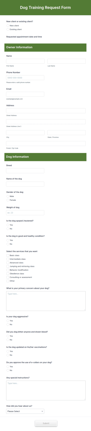 Dog Training Request Form Template